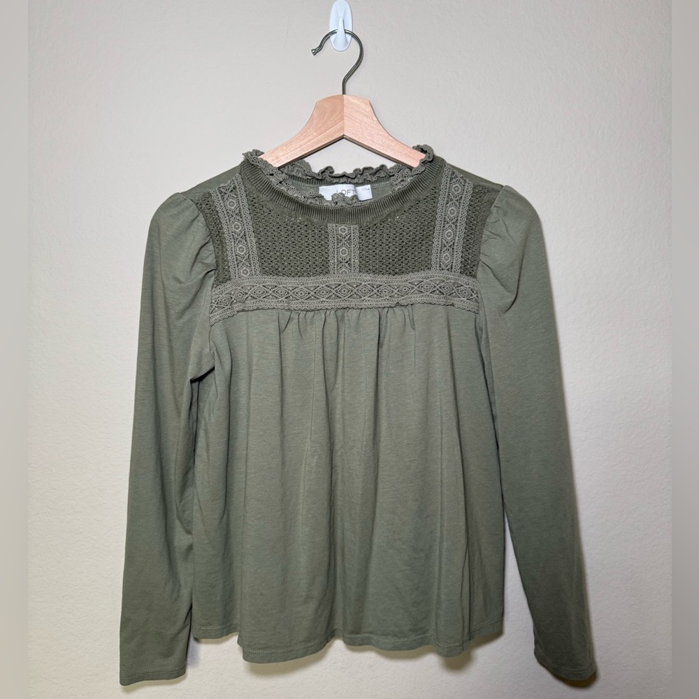 Women’s LOFT Small Sage Green Lace Mock Neck Blouse